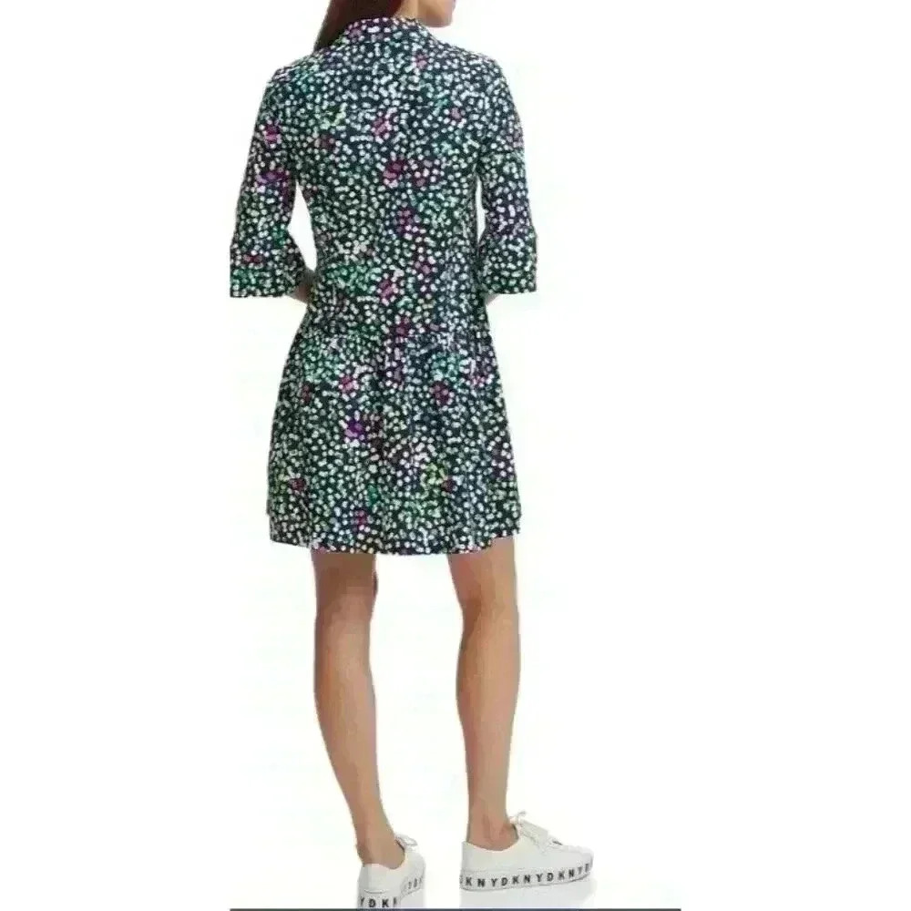 DKNY Drop Waist Printed Cotton Poplin Shirt Dress - Size 10 - Picture 2 of 16